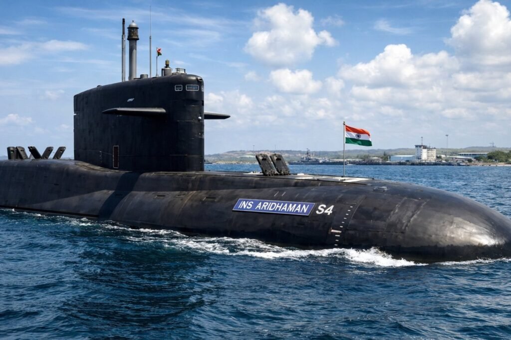 INS Aridhaman Arihant-class nuclear-powered ballistic missile submarine on surface – Indian Navy SSBN commissioned April 2026
